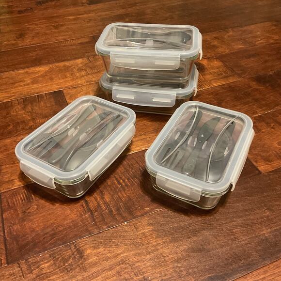 Glass Meal Prep Containers w/ 3 pc Utensils - 4 Ct - Picture 2 of 6